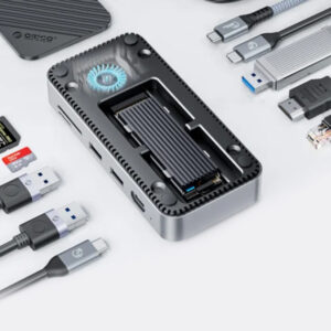 ORICO-USB C HUB con Ventilador de Refrigeración y Carcasa Externa para SSD M.2 NVMe SATA, Estación de Acoplamiento 10Gbps 4K 60Hz HDMI-Com RJ45 SD TF